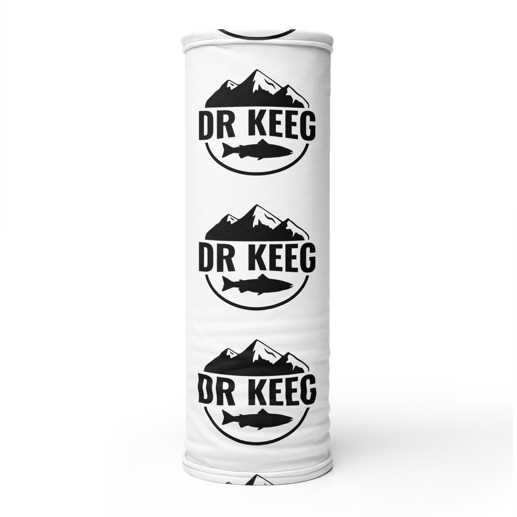 Dr Keeg neck gaiter in white, worn on a neck tube alternate angle