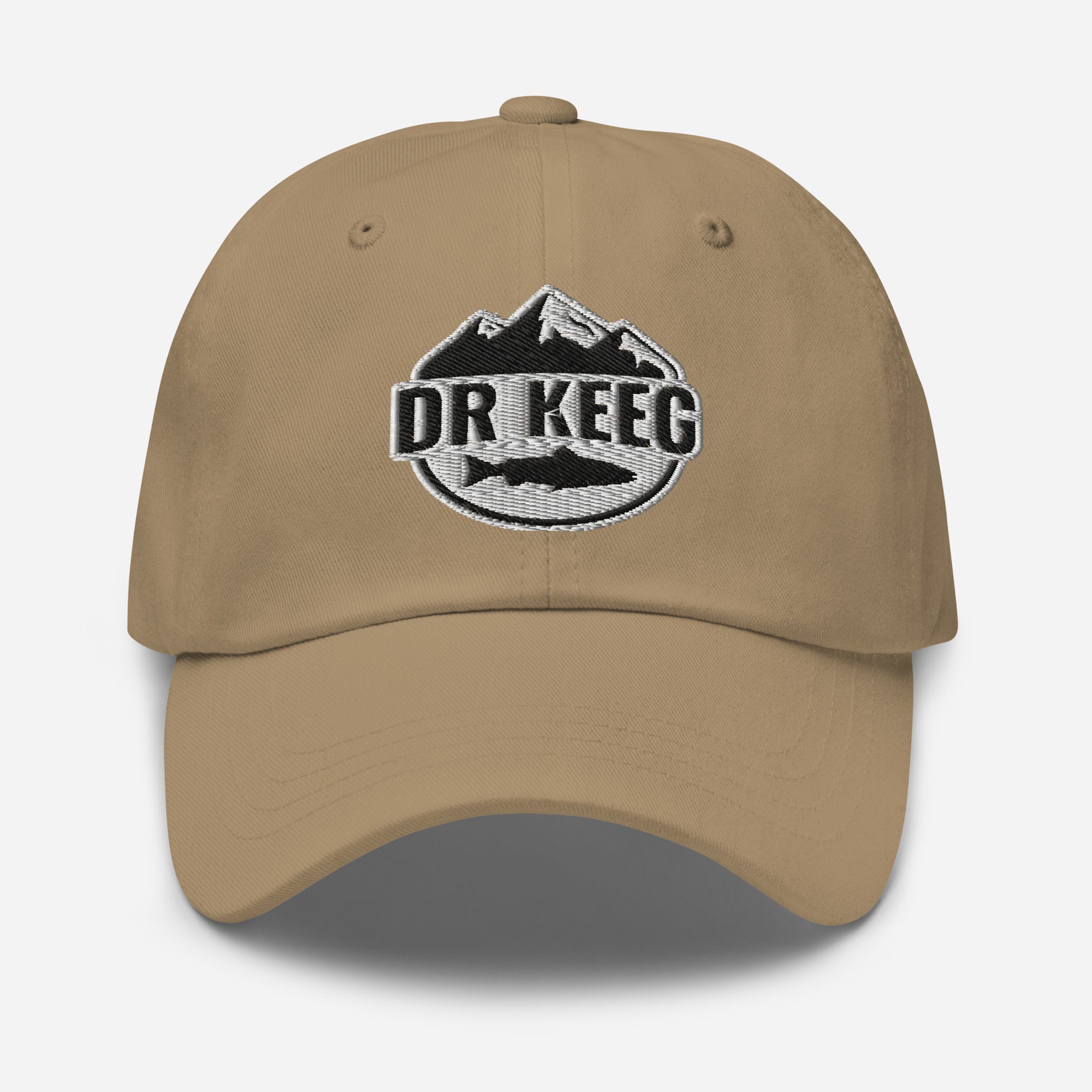 Dr Keeg baseball cap in khaki, front view alternate angle