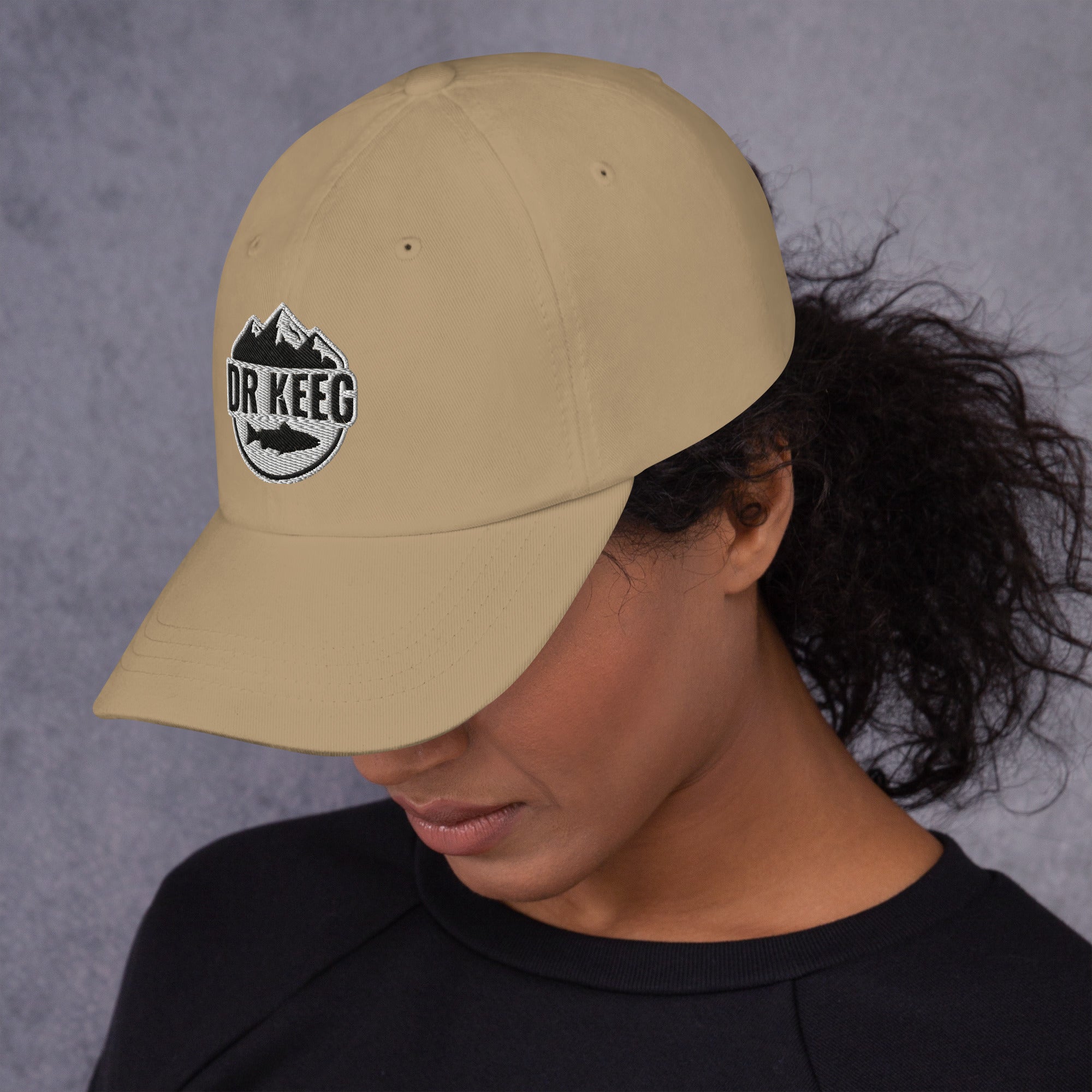 Dr Keeg baseball cap in khaki, left side view