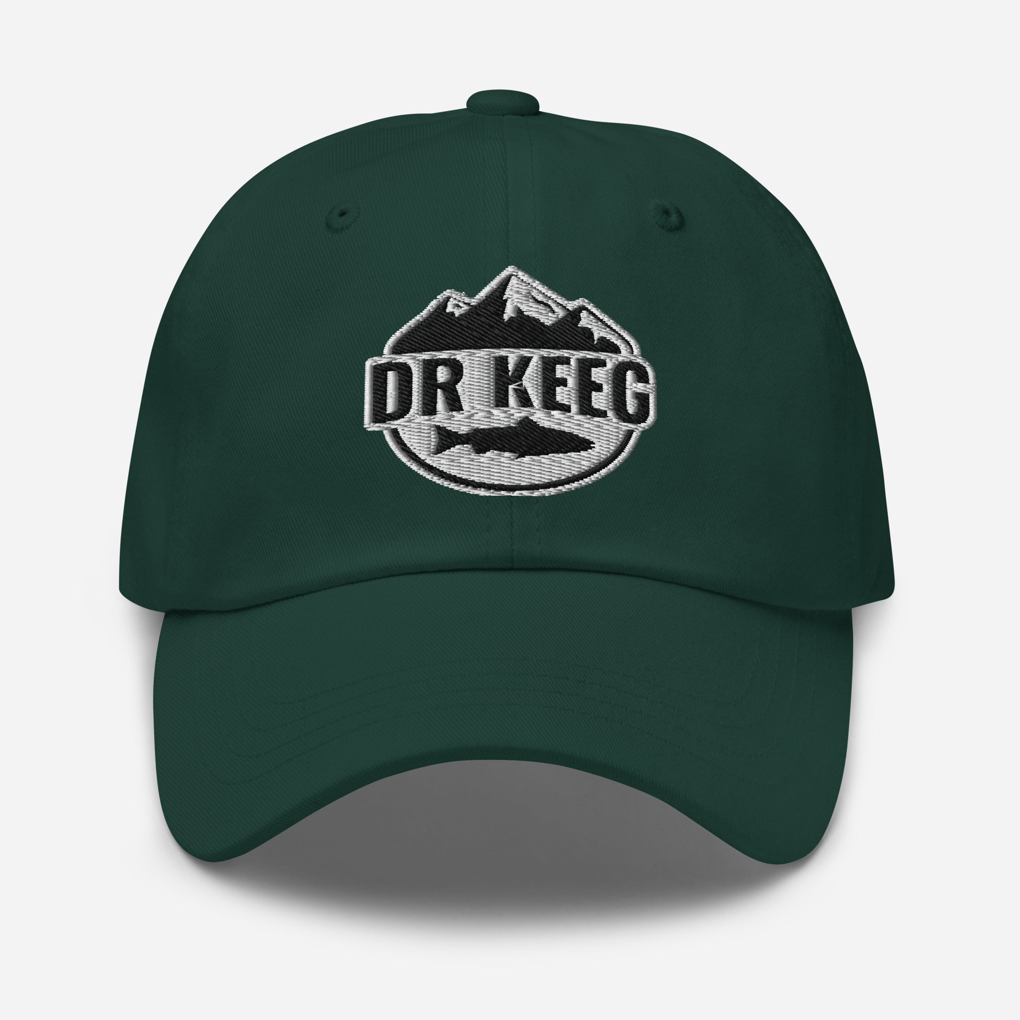 Dr Keeg baseball cap in spruce, front view detail