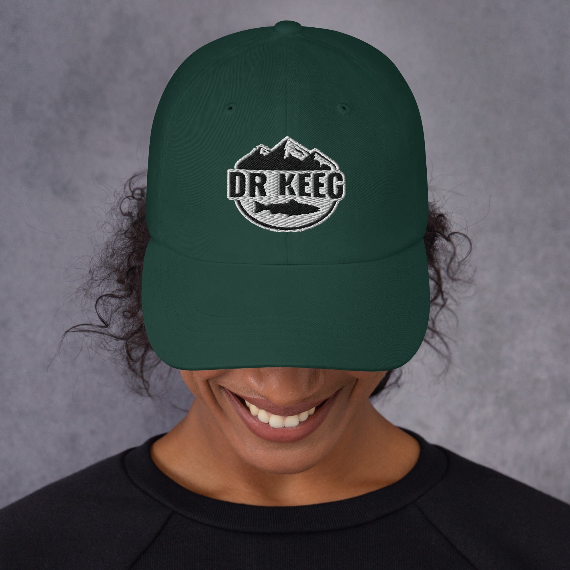 Dr Keeg baseball cap in spruce, front view alternate angle