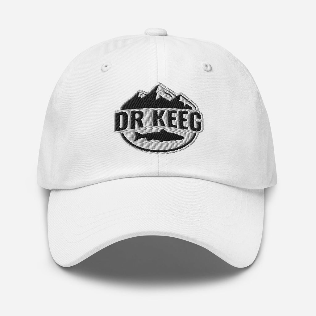 Dr Keeg baseball cap in white, front view detail