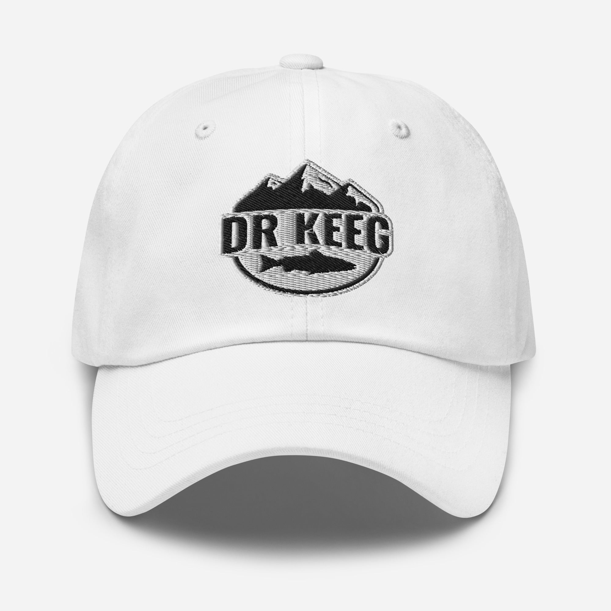 Dr Keeg baseball cap in white, front view detail