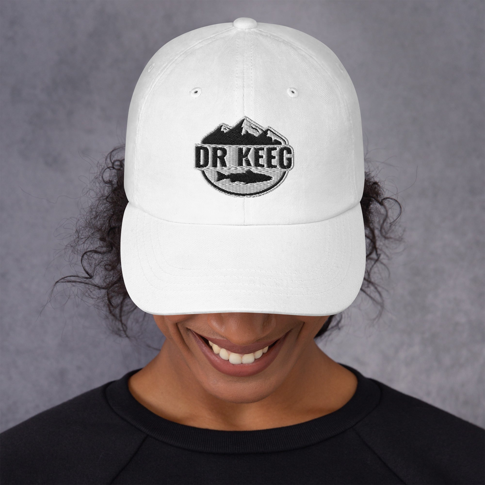 Dr Keeg baseball cap in white, front view alternate angle