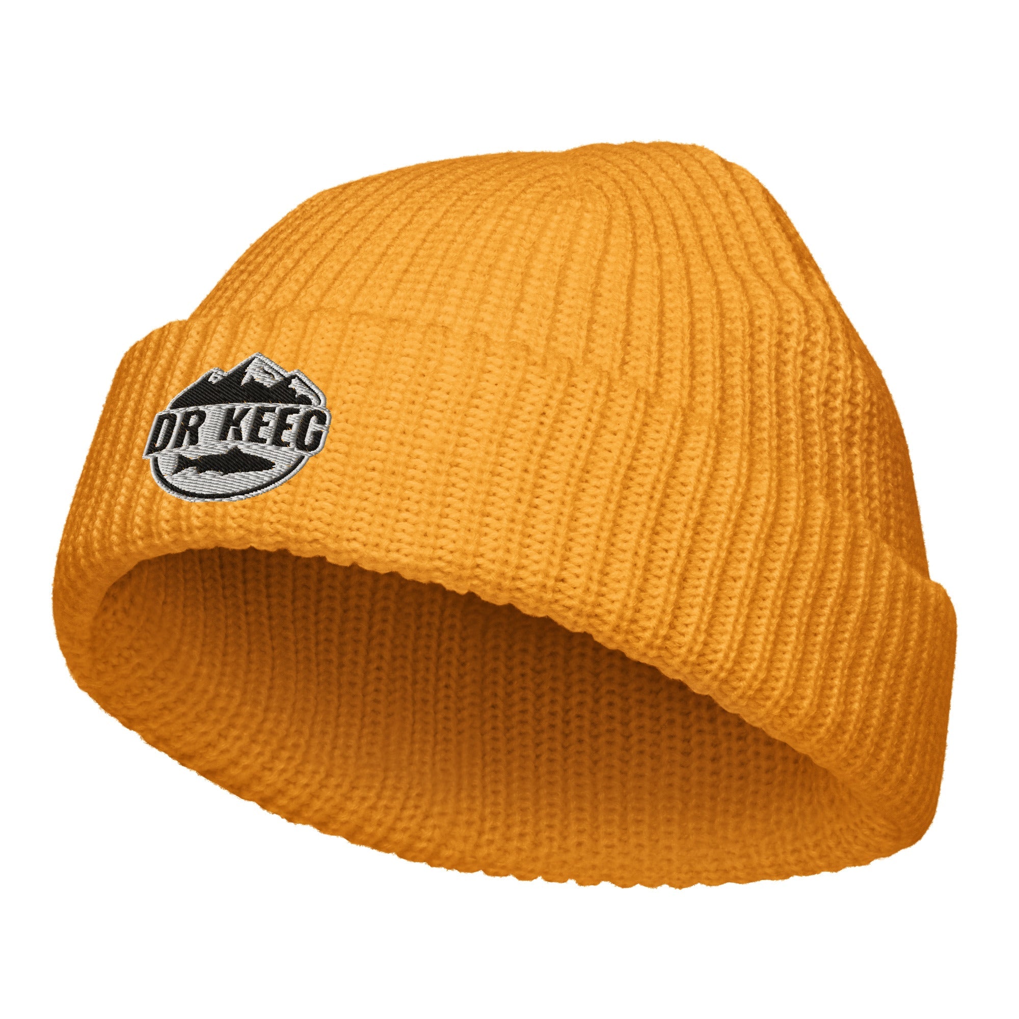 Dr Keeg fisherman beanie in gold, front view