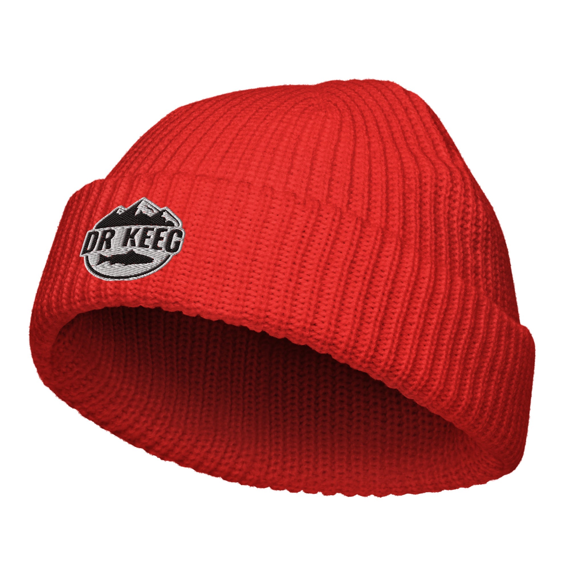 Dr Keeg fisherman beanie in red, front view