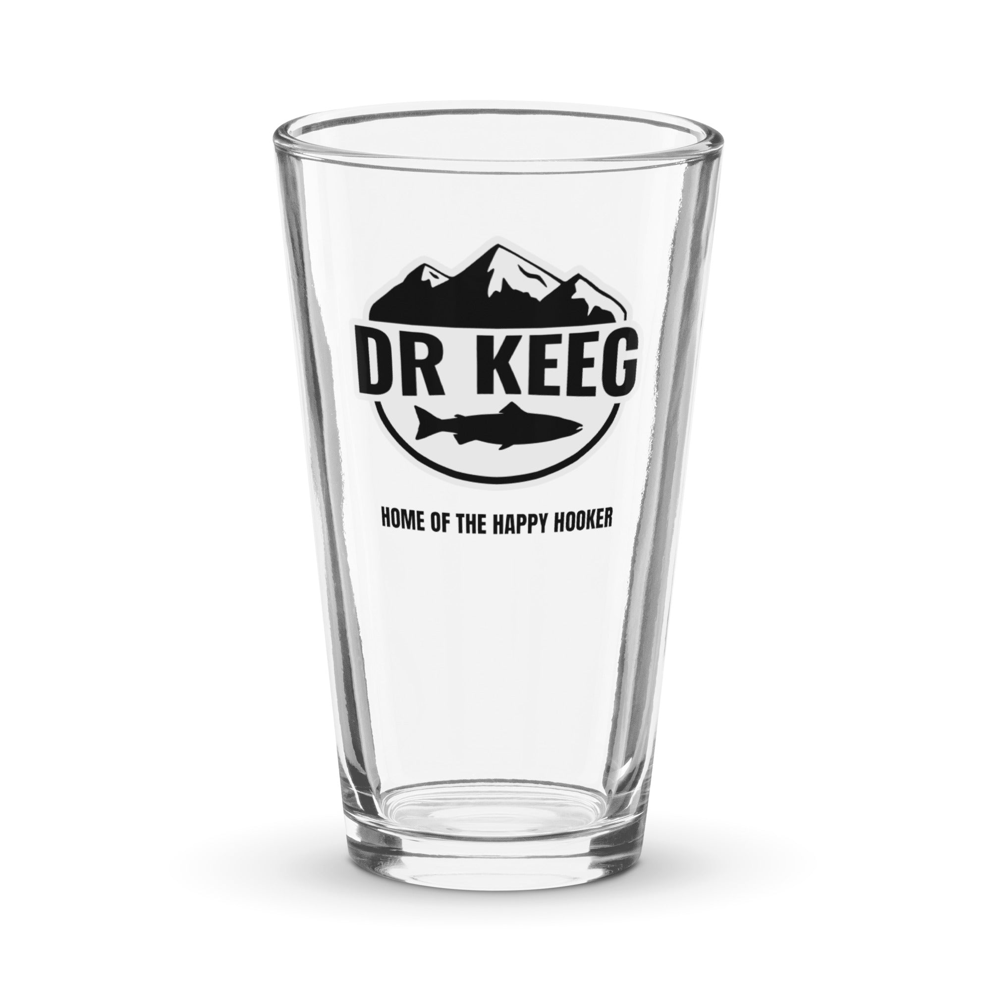 Dr Keeg Happy Hooker beer glass with fly fishing badge logo
