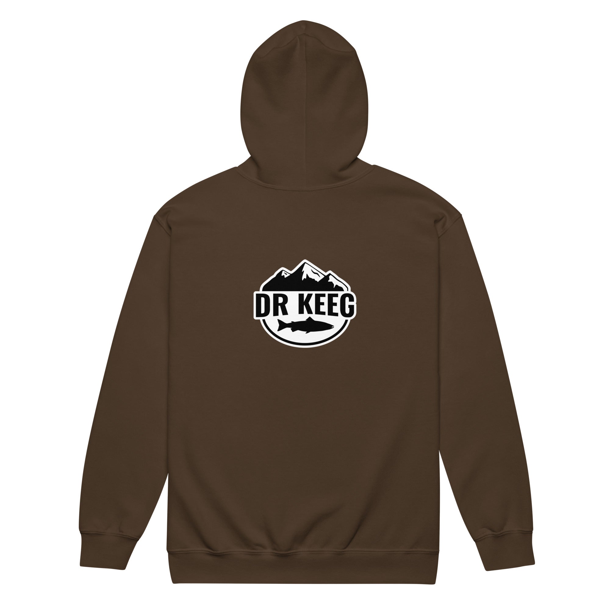 Dr Keeg Premium Zip Hoodie in dark chocolate, back view
