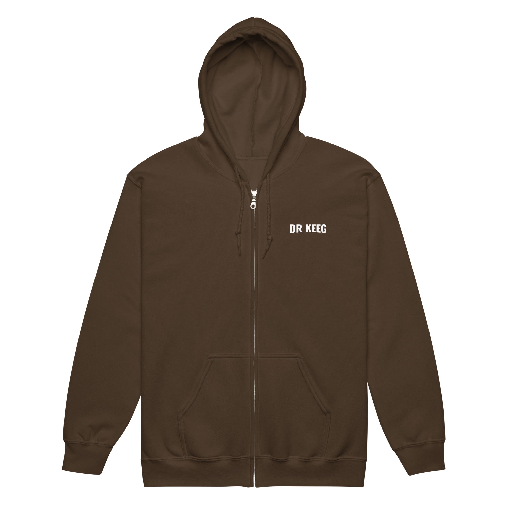 Dr Keeg Premium Zip Hoodie in dark chocolate, front view