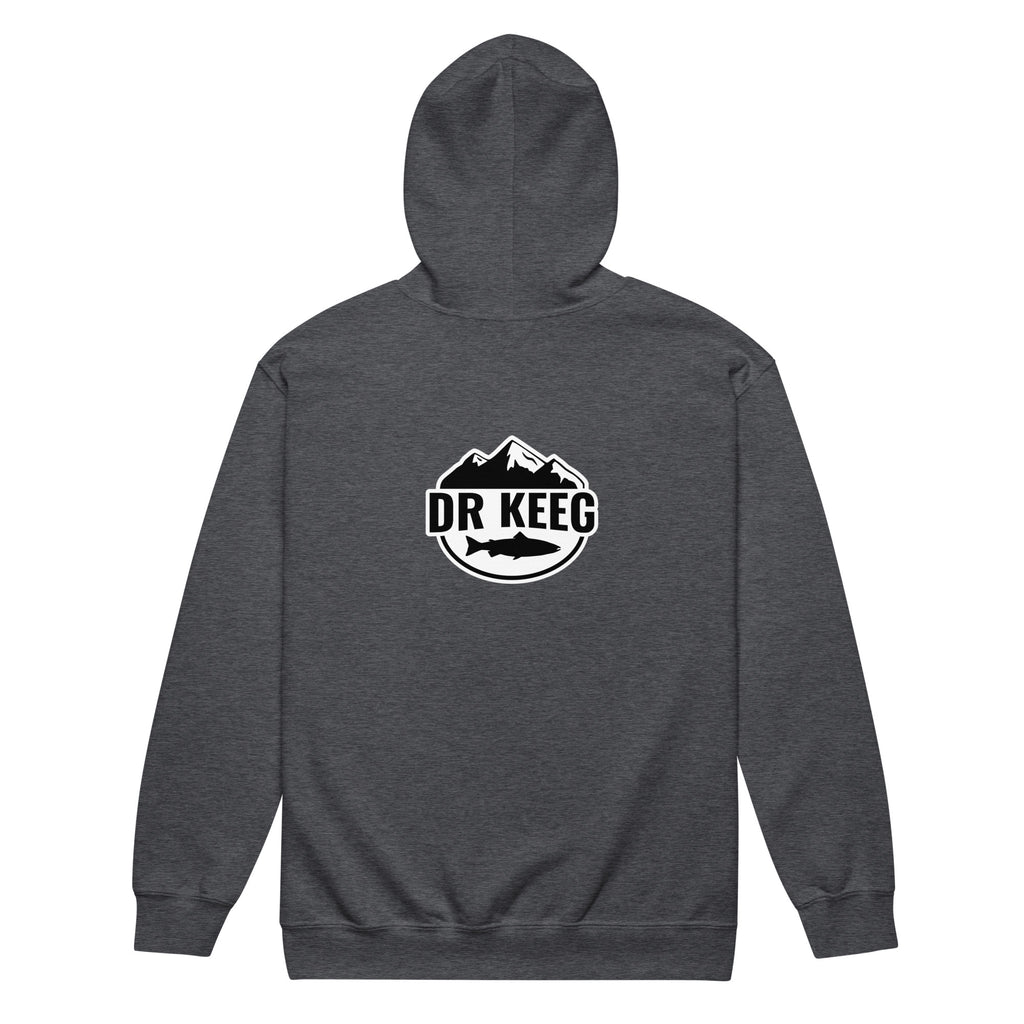 Dr Keeg Premium Zip Hoodie in dark heather grey, back view