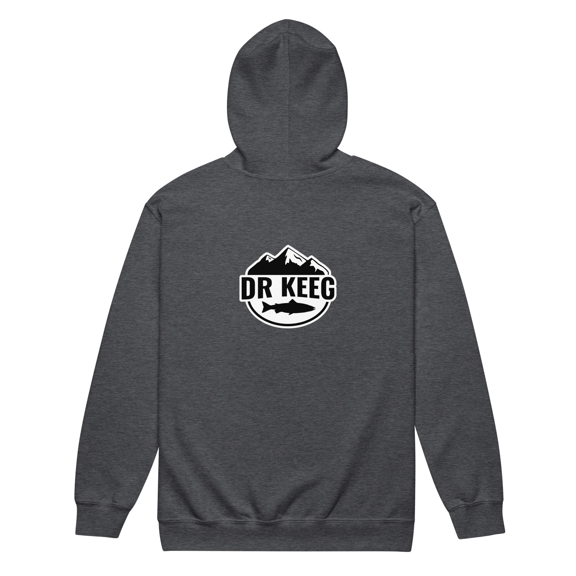 Dr Keeg Premium Zip Hoodie in dark heather grey, back view