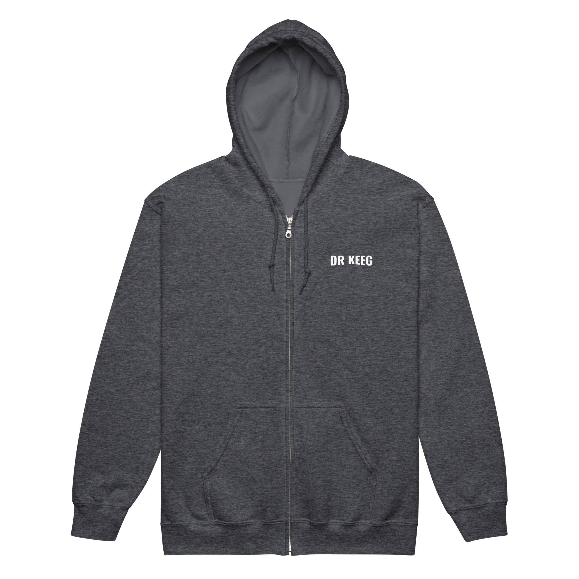 Dr Keeg Premium Zip Hoodie in dark heather grey, front view
