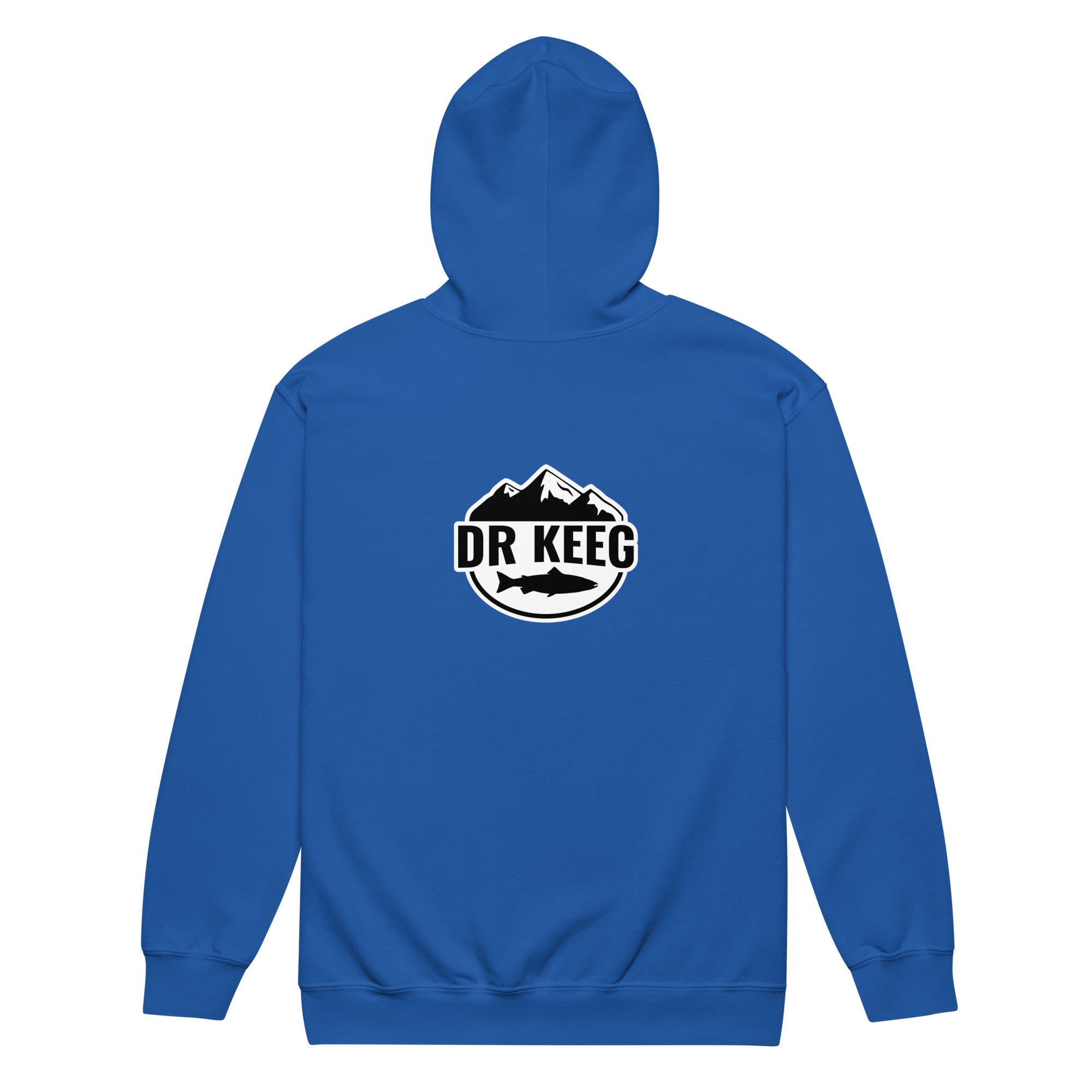 Dr Keeg Premium Zip Hoodie in royal blue, back view