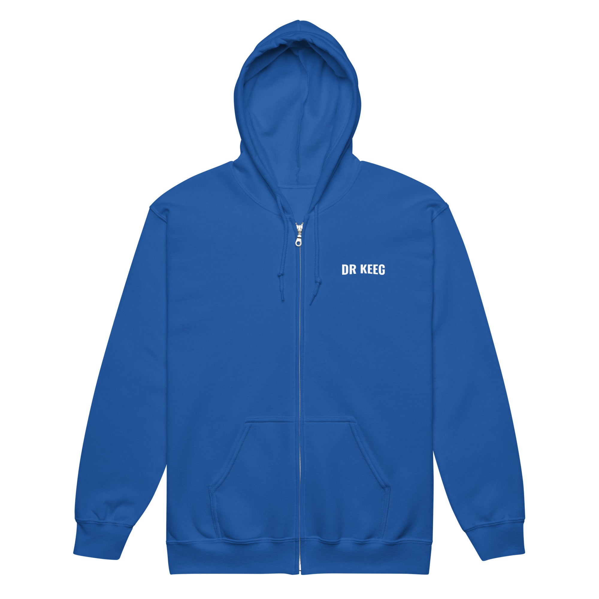 Dr Keeg Premium Zip Hoodie in royal blue, front view
