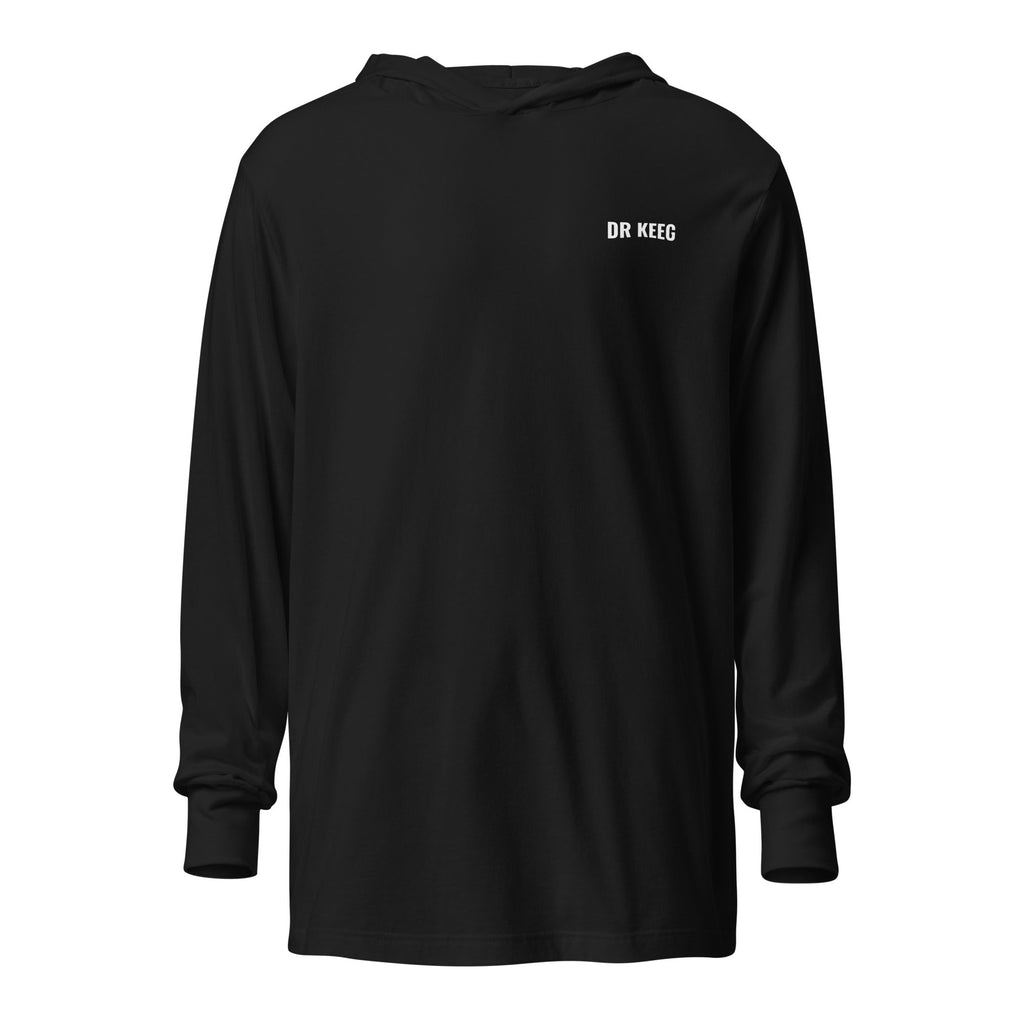 Dr Keeg hooded longsleeve in black, front view