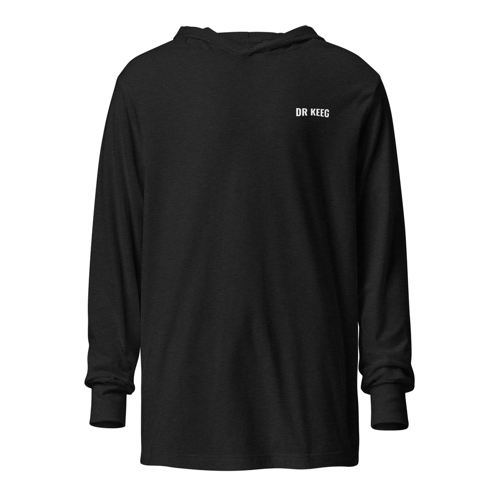 Dr Keeg hooded longsleeve in charcoal-black triblend, front view
