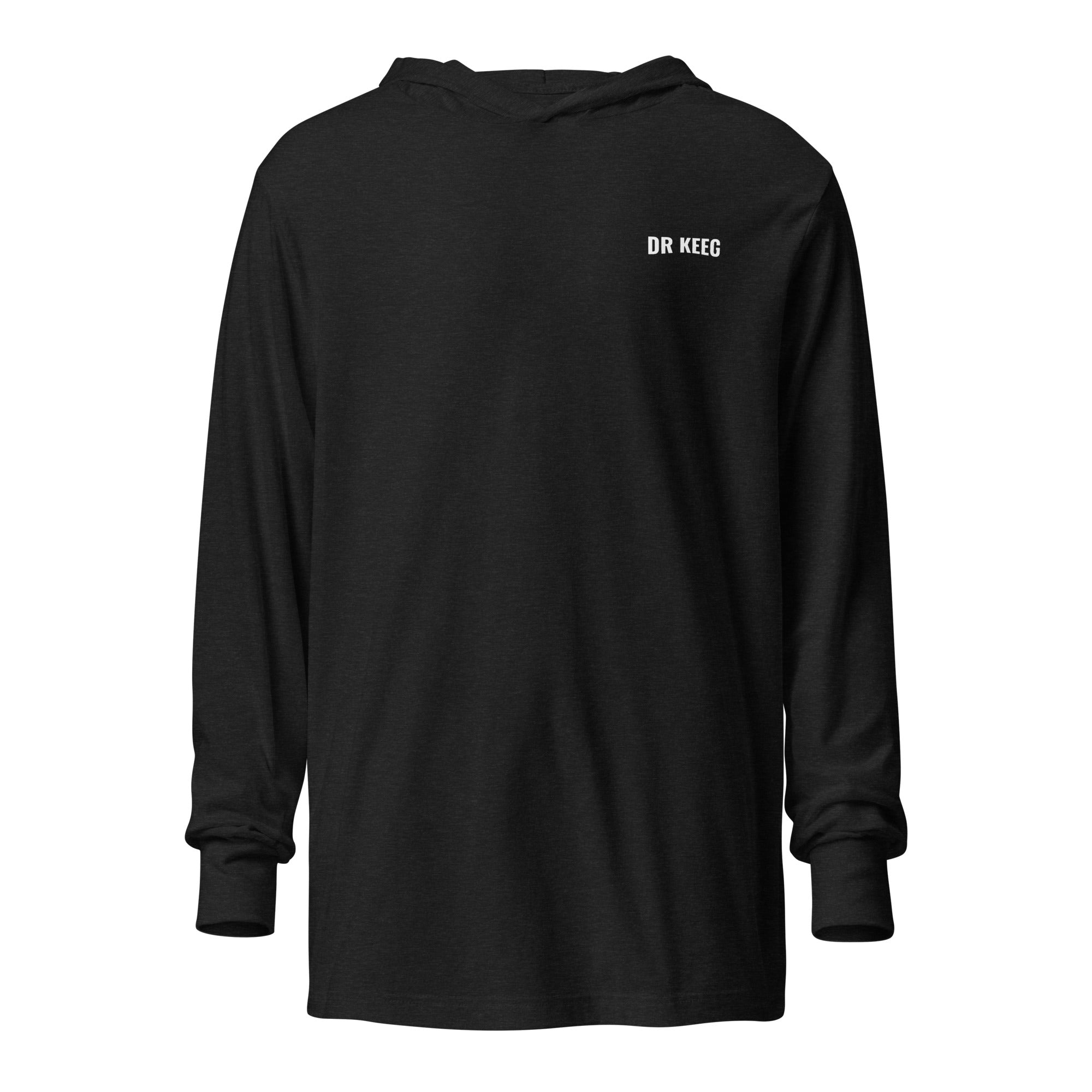 Dr Keeg hooded longsleeve in charcoal-black triblend, front view