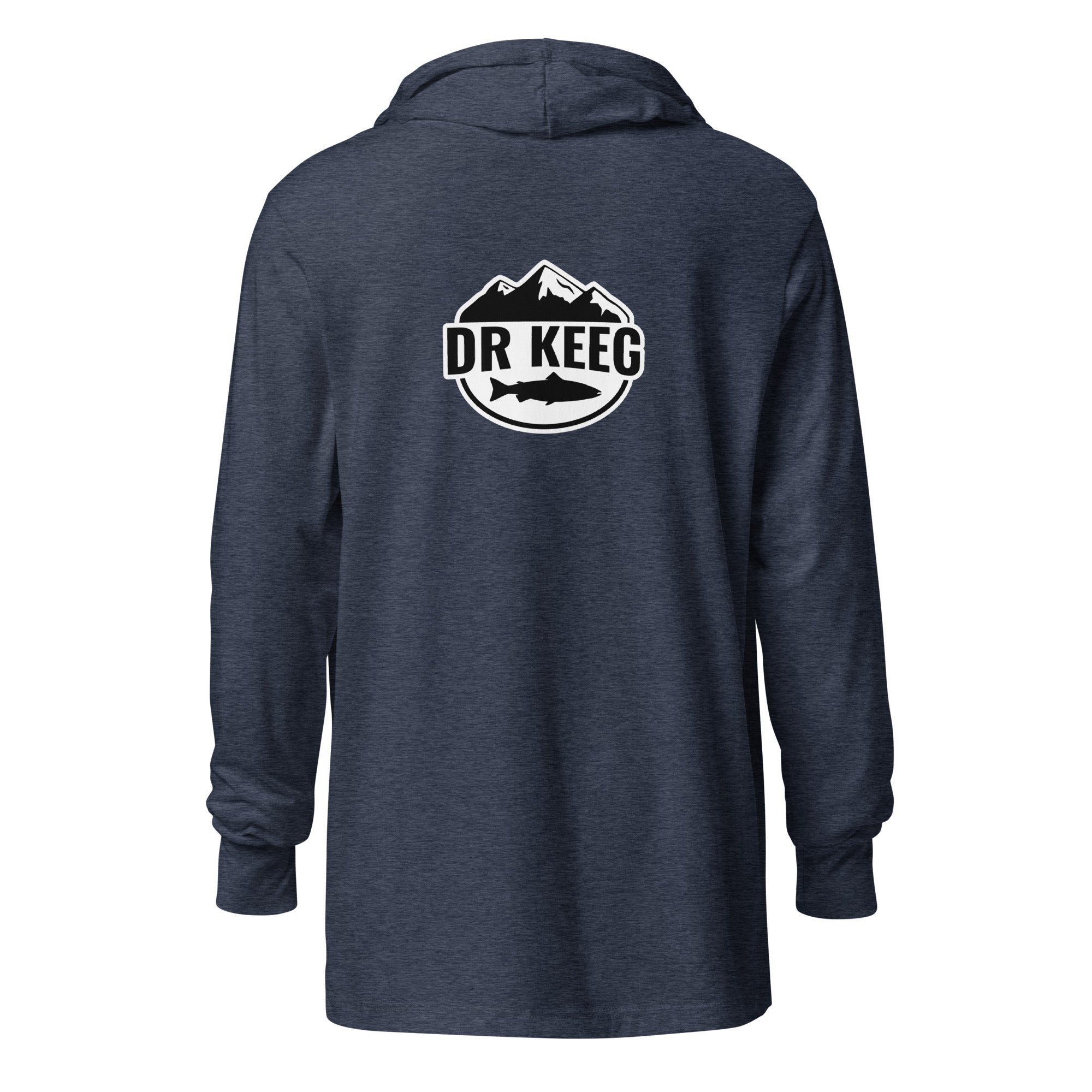 Dr Keeg hooded longsleeve in heather navy, back view