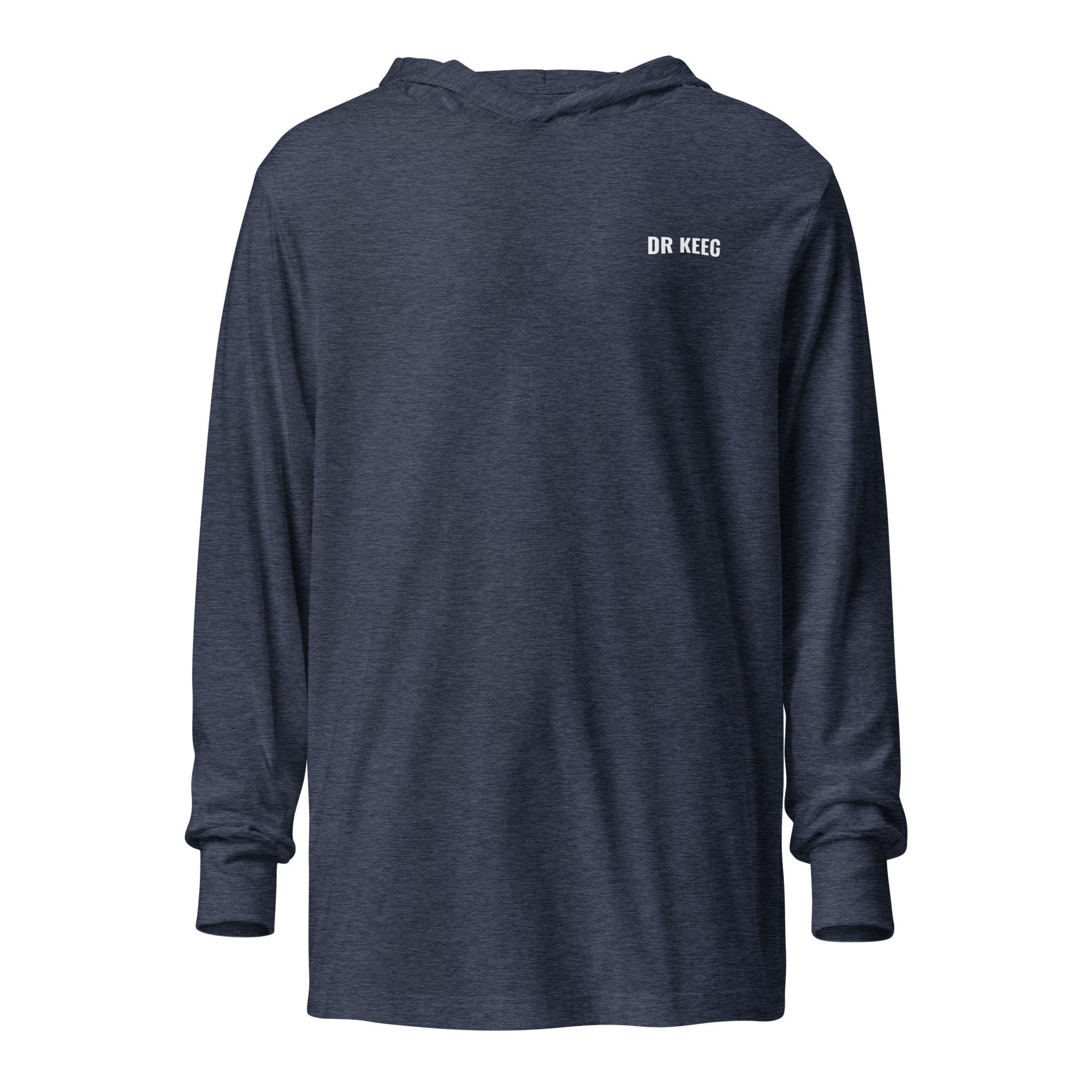 Dr Keeg hooded longsleeve in heather navy, front view