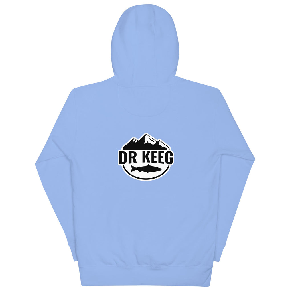 Dr Keeg premium hoodie in carolina blue, back view