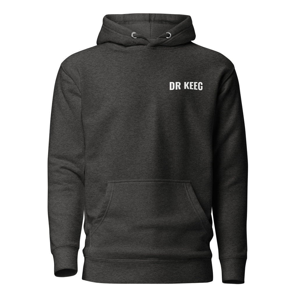Dr Keeg premium hoodie in charcoal heather, front view
