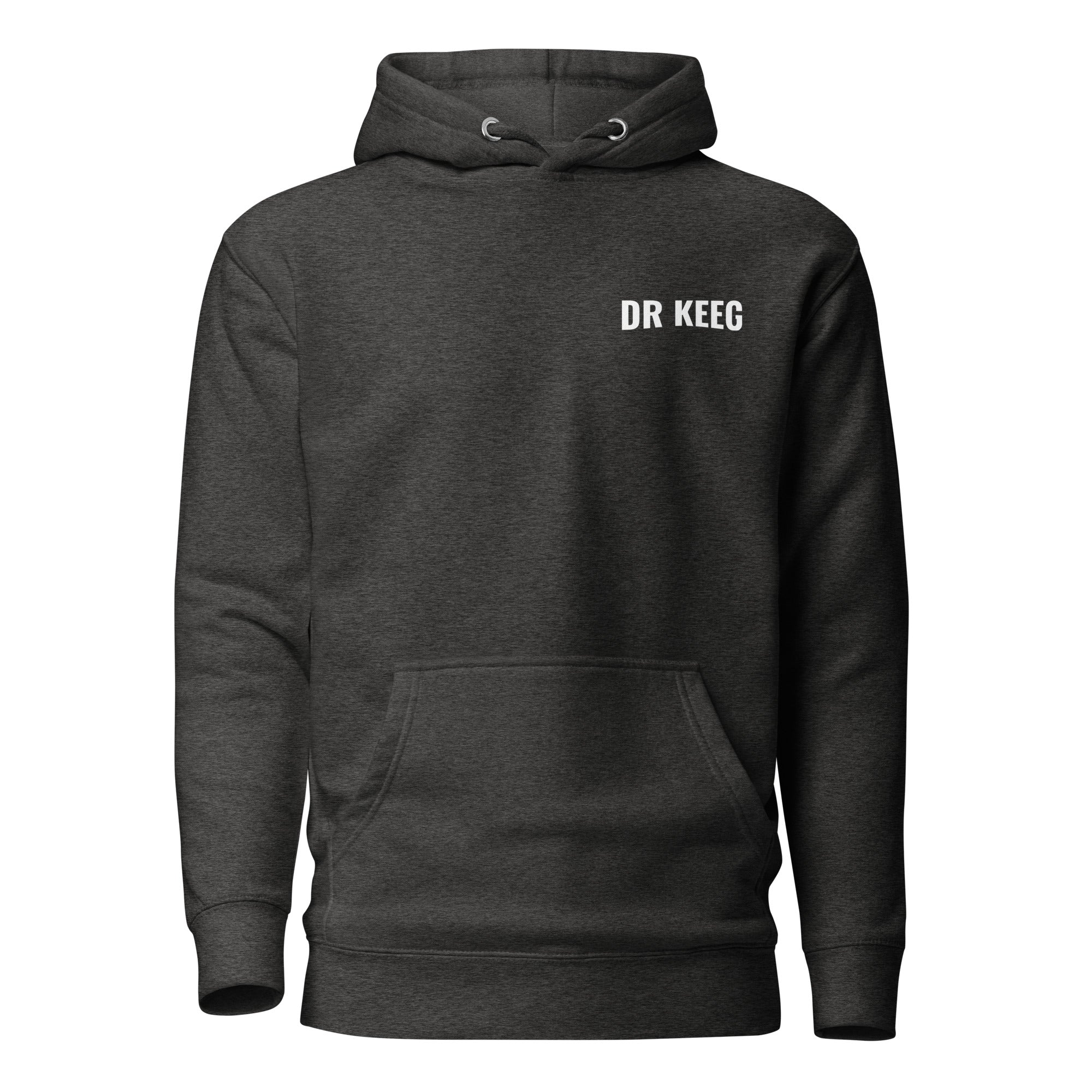 Dr Keeg premium hoodie in charcoal heather, front view