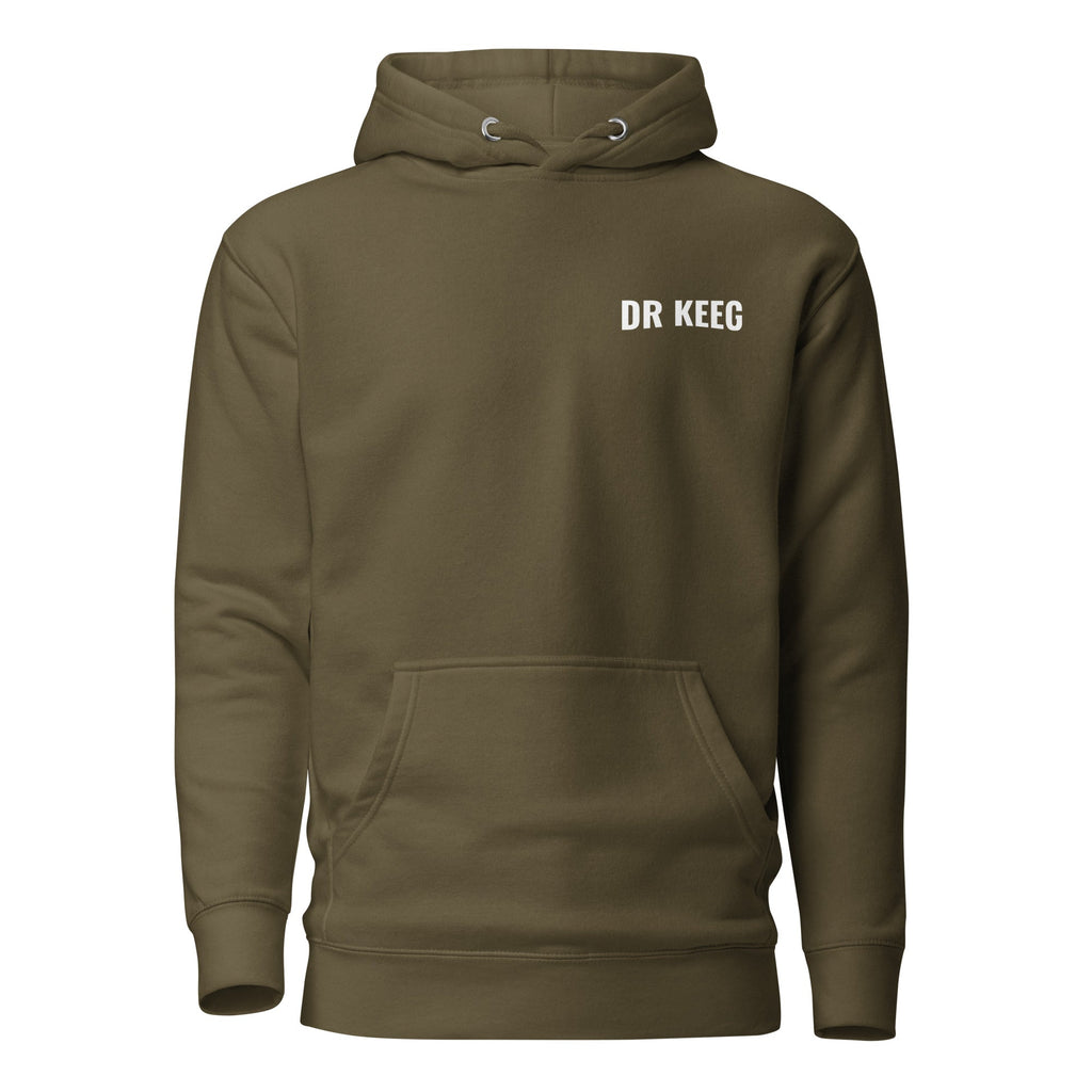 Dr Keeg premium hoodie in military green, front view alternate angle