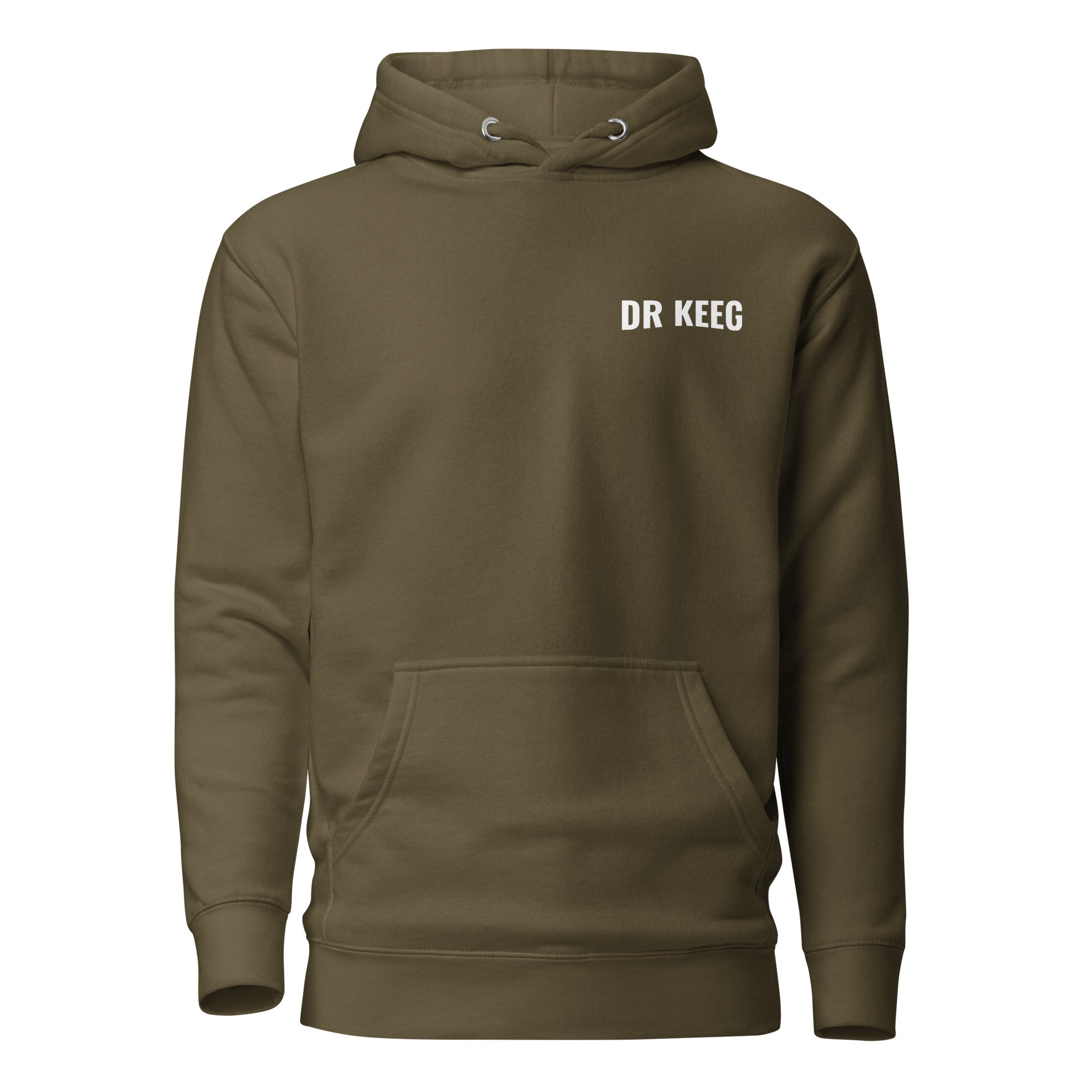 Dr Keeg premium hoodie in military green, front view alternate angle