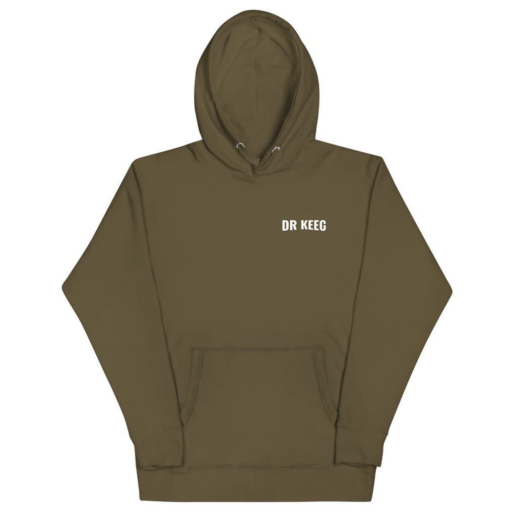 Dr Keeg premium hoodie in military green, front view