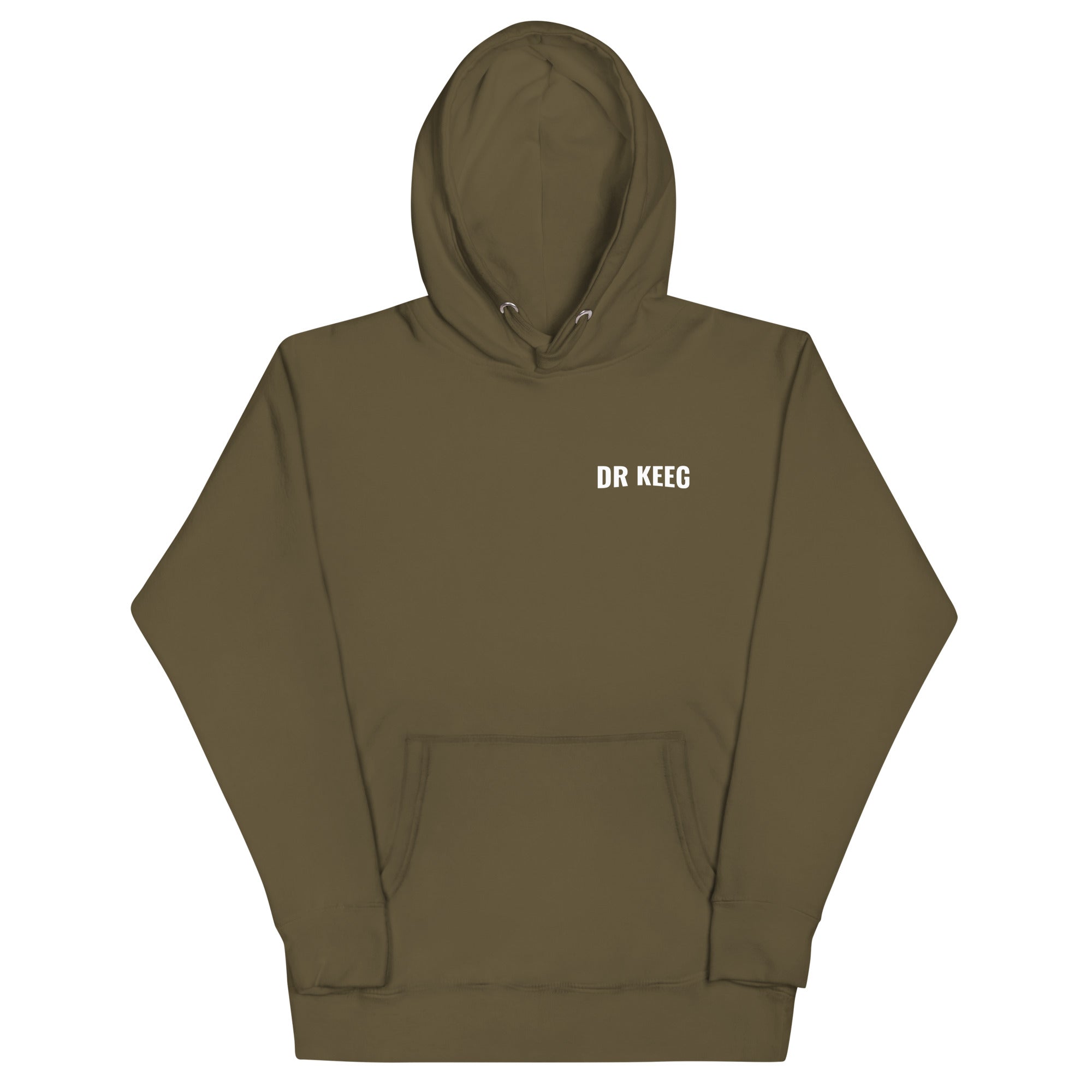 Dr Keeg premium hoodie in military green, front view