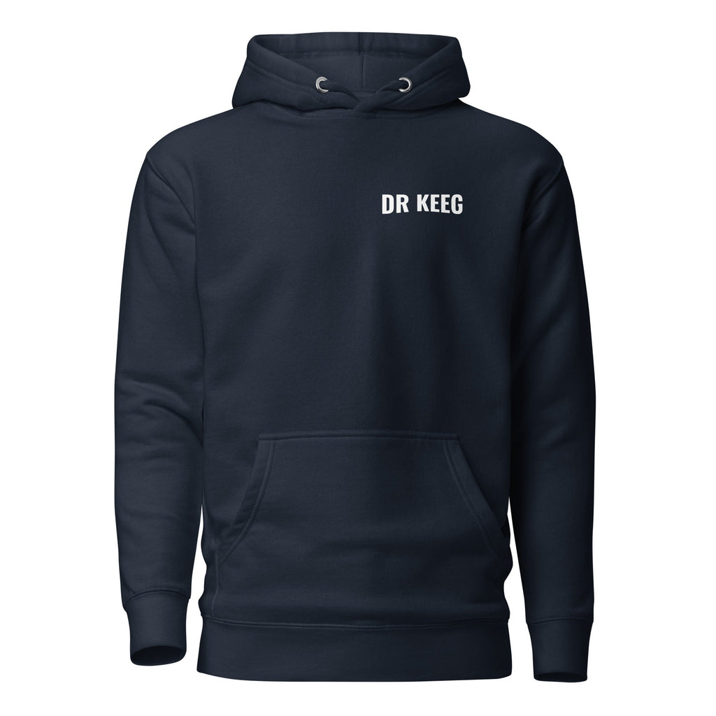 Dr Keeg premium hoodie in navy blazer, front view
